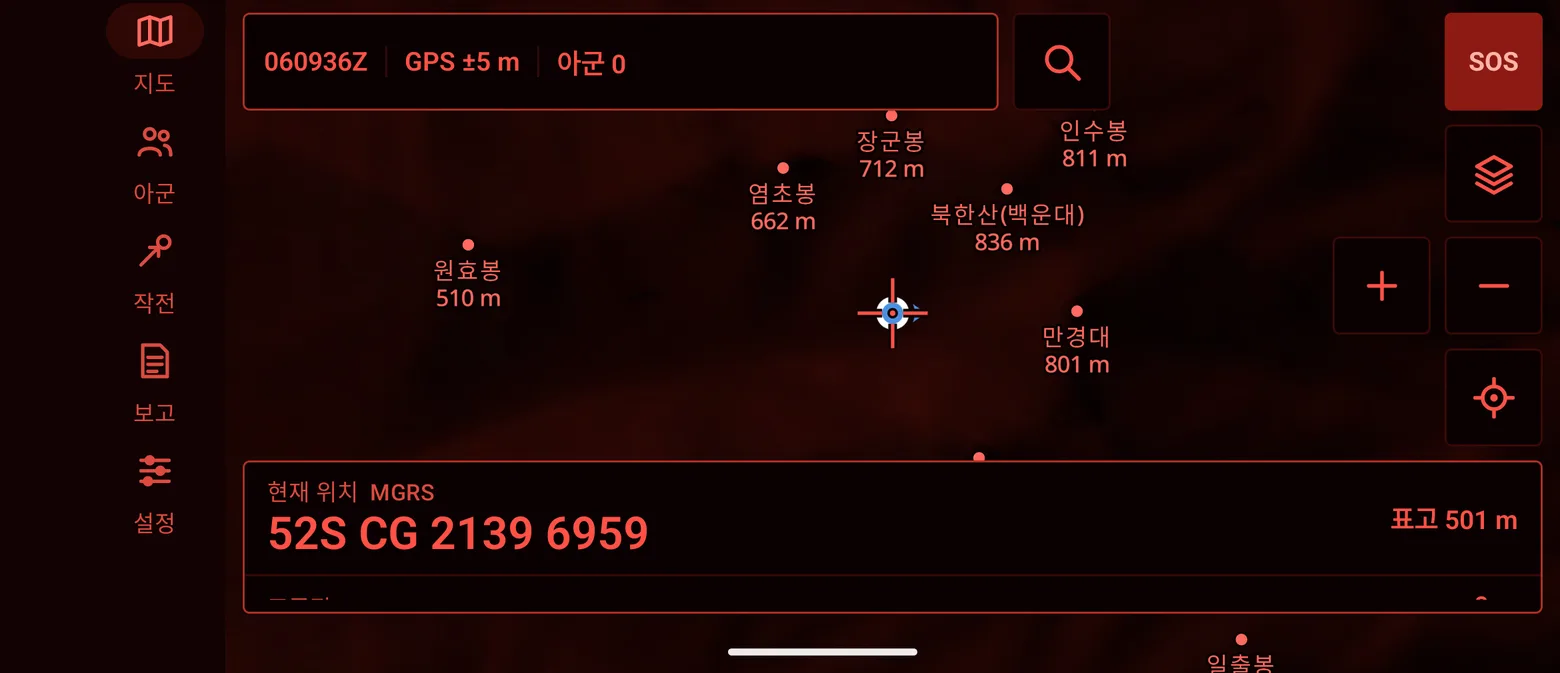 The same map in night (red) mode: the whole screen in red tones to keep night vision